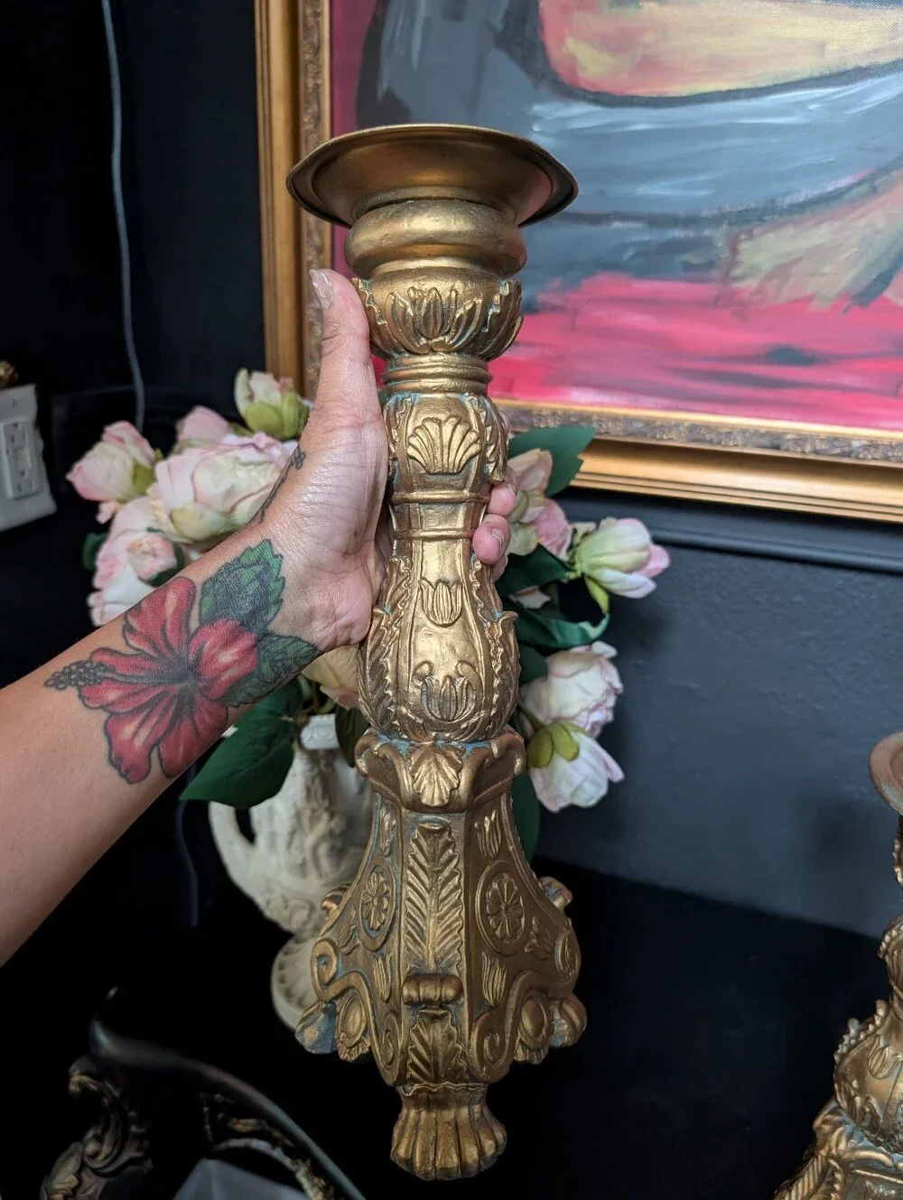 Vintage, set of 2,  Large Renaissance Style Gold Gilt Tripod Footed Large Candle